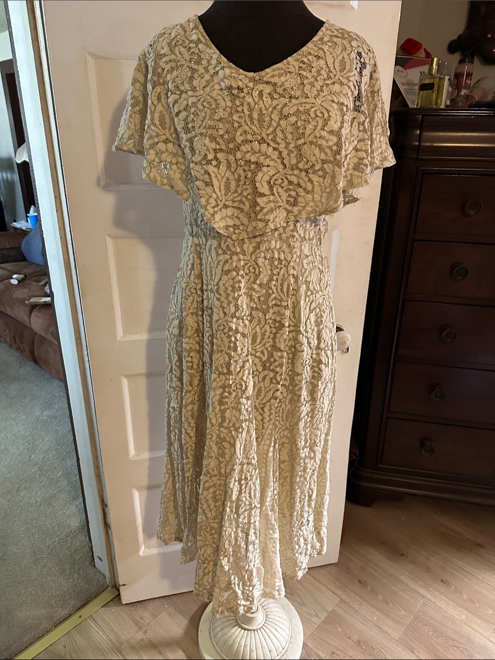Reba Cream Lace Maxi Dress with Flutter Overlay